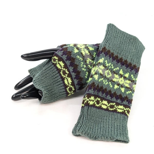 Knitted Stripey Fingerless Gloves - Sage Green