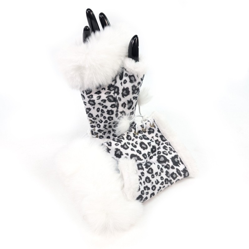 Suede Effect Fingerless Gloves - White Animal Print