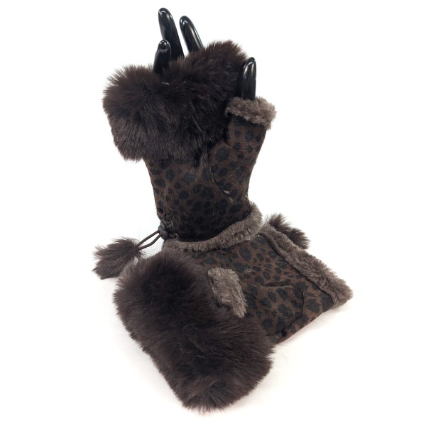 Suede Effect Fingerless Gloves - Dark Brown Animal Print