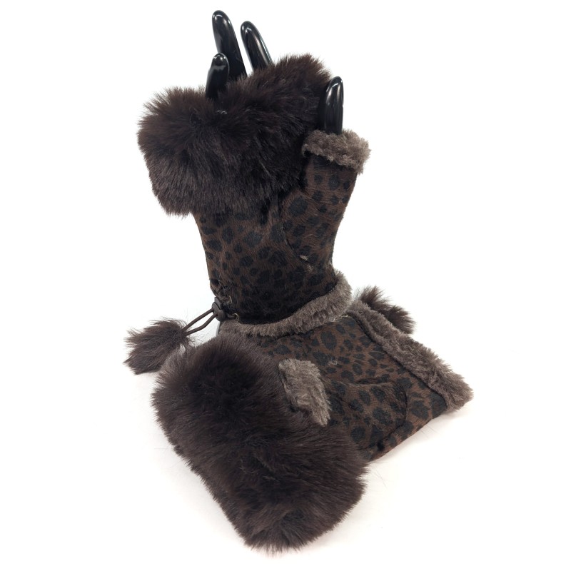 Suede Effect Fingerless Gloves - Dark Brown Animal Print