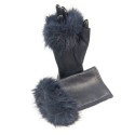 Vegan Leather and Faux Fur Fingerless Gloves - Navy Blue