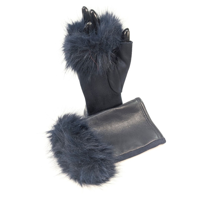Vegan Leather and Faux Fur Fingerless Gloves - Navy Blue