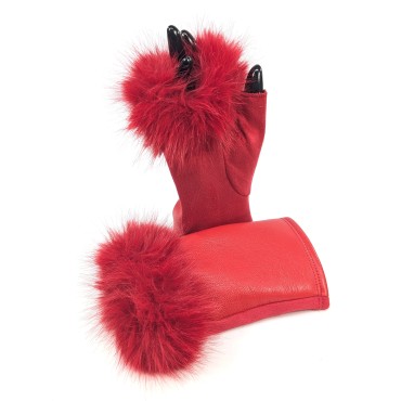 Vegan Leather and Faux Fur Fingerless Gloves - Red Vegan Leather and Faux Fur Fingerless Gloves - Red