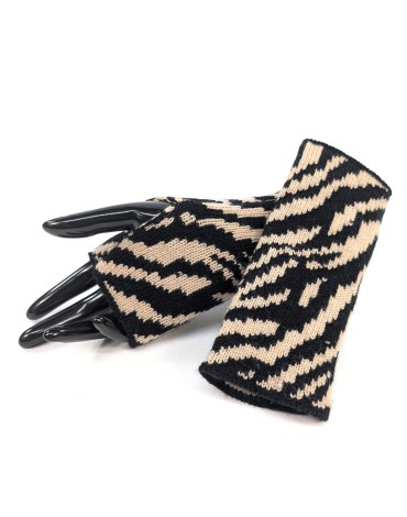 Knitted Fingerless Gloves - Brown Zebra Print Knitted Fingerless Gloves - Brown Zebra Print
