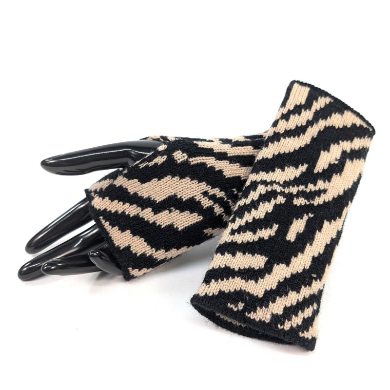 Knitted Fingerless Gloves - Brown Zebra Print