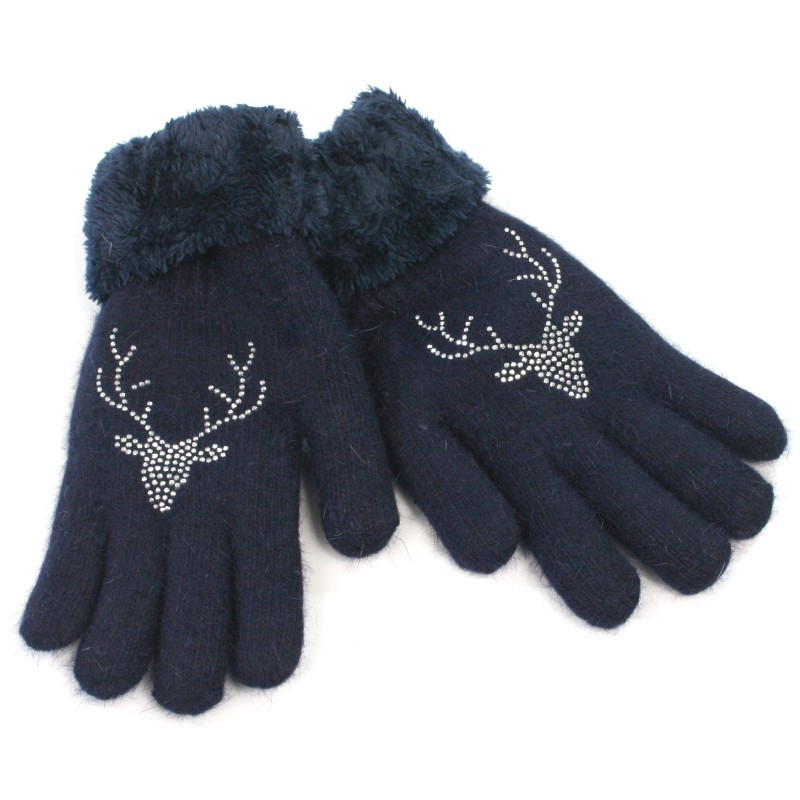 Fluffy Glove - Navy Blue Deer