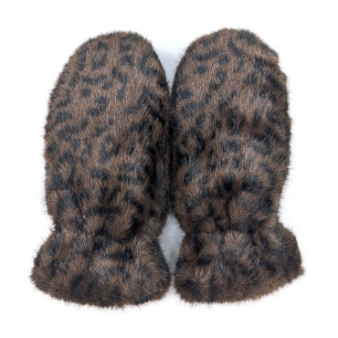 Faux Fur Mittens - Dark Brown Animal Print Faux Fur Mittens - Dark Brown Animal Print