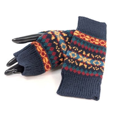 Knitted Stripey Fingerless Gloves - Navy Blue
