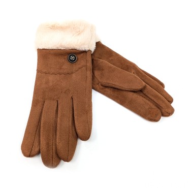 Sheepskin Style Gloves with Faux Fur Trim - Tan Sheepskin Style Gloves with Faux Fur Trim - Tan